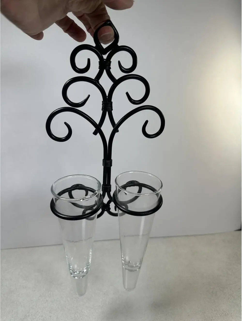 Black Wrought Iron Wall-Mounted Sconces Two Conical Glass Vases Farm Cottagecore